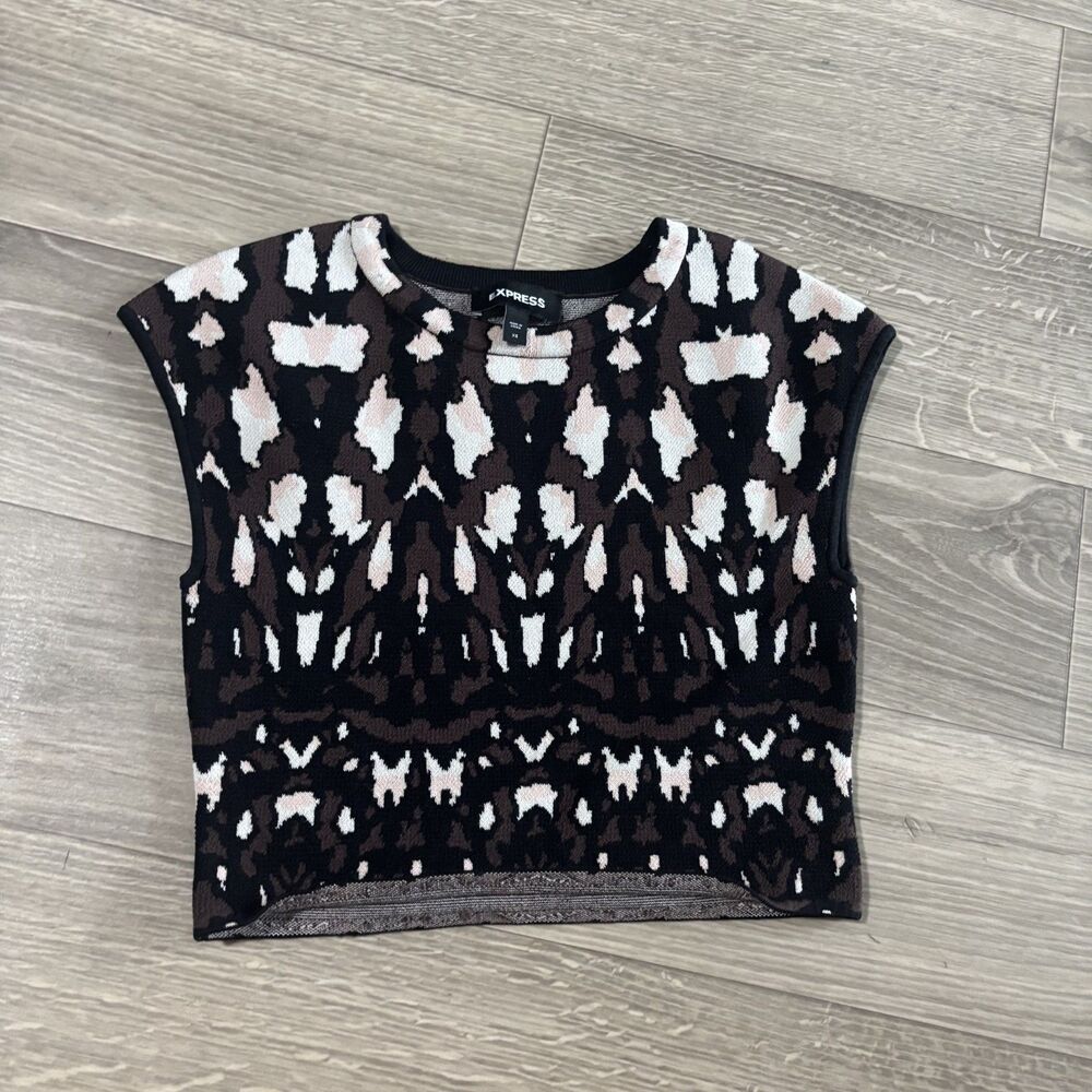 Express Black & Ivory Patterned Knit Crop Sweater Top XS